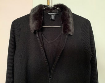Norton McNaughton Black Full Zip Sweater with built in top & Detachable Faux Fur Black Collar - Womens Size Small