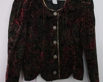 Vintage Another Thyme Velvet Multi color- Red, Green, Black, Brown, Maroon, Gold Metallic Blazer- Women's size 10