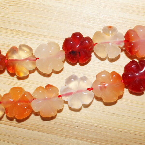THE VAULT: 16" Strand of AAA Quality 12mm Flower Shaped Carved Carnelian Beads #34