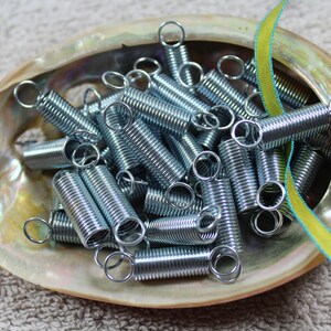 May include: A collection of small, silver-colored metal springs with circular loops at each end, nestled inside a pearlescent, iridescent seashell. A yellow and teal ribbon adds a pop of color to the arrangement.