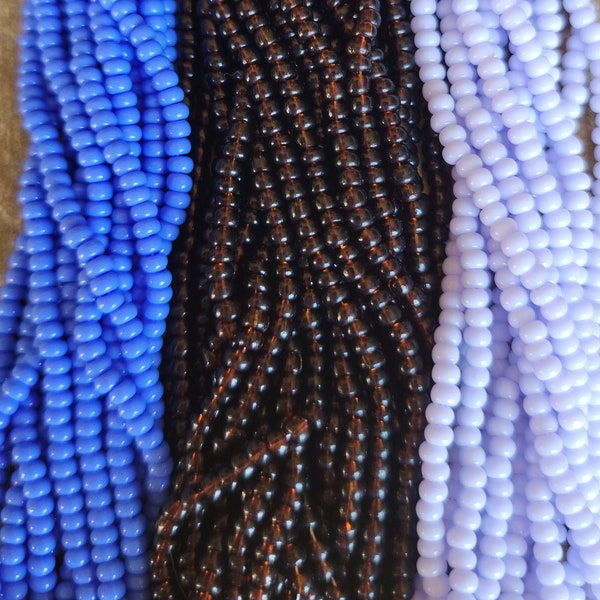 NEW COLORS CZECH 8/0 "Opaque" and "Transparent"Seed Beads (6) & (12) Strand Hanks Lt. Royal Blue Opaque,Smoke Topaz Transparent,Lilac Opaque