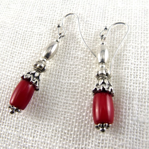 Red Coral Earrings Antique Silver Red Coral Charms Earrings Tibetan Silver Dangle Earrings Tribal Earrings Boho Earrings Gift for Her