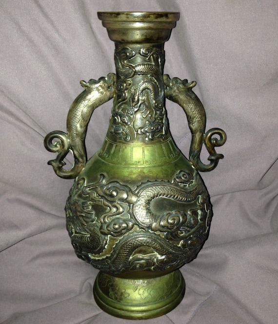 Fine Antique Chinese Solid Silver Vase / Bottle with Appliqued Dragons