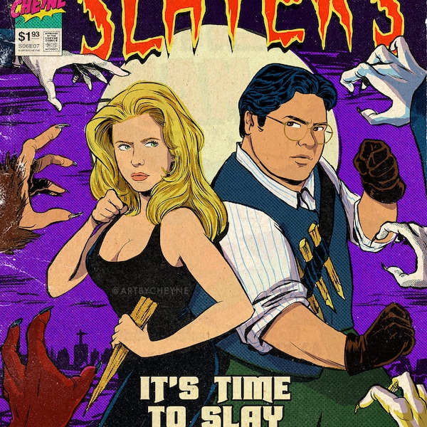 Buffy and Guillermo comic book mashup - vintage comic print