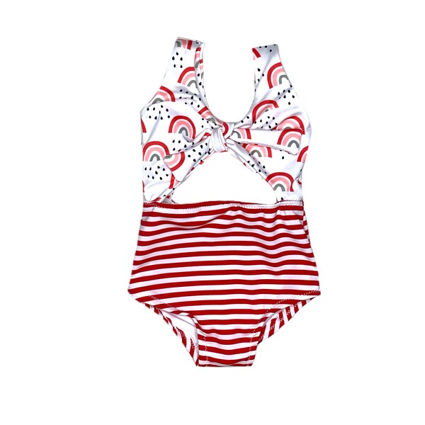 Rainbow with Stripes One Piece Peek A Boo Swimsuit, Girls Kids Toddler Baby Swimwear Bathing Suit, Red and White Stripes Two Piece Vacation