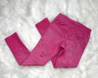 Pink Bleached Distressed Leggings - Solid Stylish Destroyed Hot Pink Stretchy Hand Destroyed Dyed Girls Kids Pants Bottoms