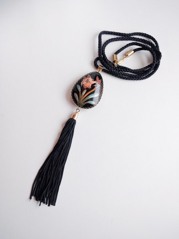 Gorgeous 1980s Enamel Necklace w/ Silk Tassel