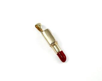 Whimsical 1990s 14k Gold & Enamel Lipstick Charm Pendant