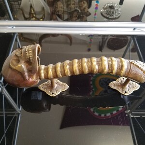 May include: A brass door handle shaped like a skull with a decorative, textured, gold-colored, snake-like body. The handle has two decorative plates on the bottom.