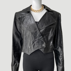 Vintage Ungaro oversized boxy zwart leren jack met krokodillenprint
