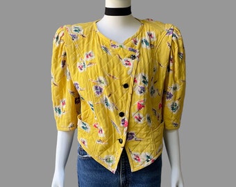 80’s Emanuel Ungaro Puff Sleeve Asymmetric Cropped Blazer | Quilted Silk Jacket with Padded Shoulders | Yellow Floral Patterned Short Bolero