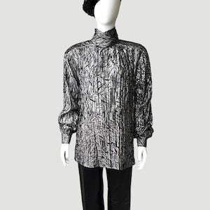 Sheer Silk Organza Brocade Blouse by Escada | 80s Vintage High Neck Silver Metallic and Black Tunic Evening Blouse with Bishop Sleeves