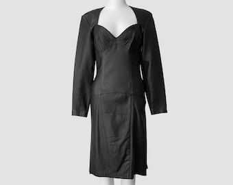 80’s Black Leather A-Line Midi Dress  | Michael Hoban for North Beach Leather Long Sleeve Jacket Dress w/ Box Pleating and Bustier Neckline