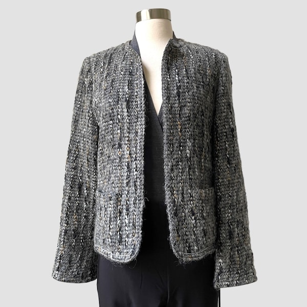 90’s Boxy Tweed Jacket by Louis Feraud Paris  | Classic Women’s Chanel Style Wool Cropped Jacket | Grey and Black Mohair Boucle Blazer