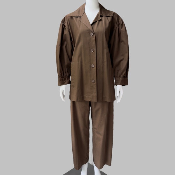 Saint Laurent Chocolate Brown Safari Pantsuit | Vintage YSL Rive Gauche Cotton Poplin Jacket & Trouser Set | Lightweight Summer Suit