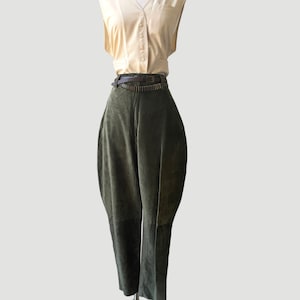 Calças de camurça dos anos 80 para mulheres | Calça Jodhpur Equestre de Couro Verde Oliva de Cintura Alta | Calça Cargo Harem Estilo com Perna Cônica