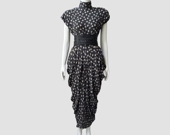 80’s Cheongsam Inspired Printed Midi Dress w/ Draped Tulip Skirt - Size 4 | Elegant Spring Wedding Guest Dress | Cinched Waist Dress