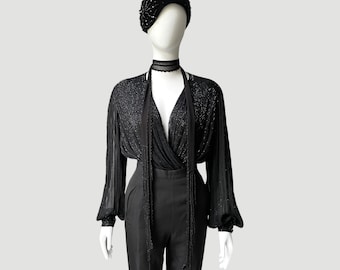 90’s Silk Flowy Draped Cowl Neck Bodysuit by Carmen Marc Valvo | 20’s Style Glamorous NYE Outfit | Plunging V-Neck Sparkly Evening Blouse