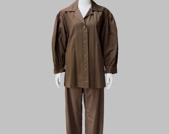 Saint Laurent Chocolate Brown Safari Pantsuit | Vintage YSL Rive Gauche Cotton Poplin Jacket & Trouser Set | Lightweight Summer Suit