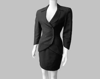 80’s Thierry Mugler Black Quilted Cotton Peplum Mini Skirt Suit | Tailored Power Suit | Sculptural Hourglass Blazer w/ Cinched Waist