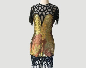 80&#39;s Naeem Khan Sequin and Beaded Maximalist Formal Party Dress with Fringe Detail | Black and Gold Open Back Designer Vintage Gatsby Dress