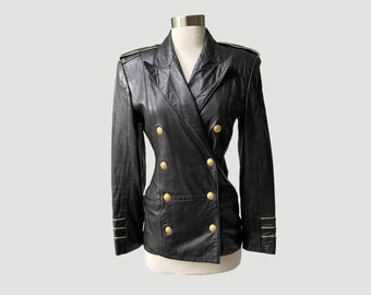 Fitted Black & Gold Leather Military Jacket with Brass Buttons by Michael Hoban | Size 4 80’s Double Breasted Leather Blazer | Mob Wife