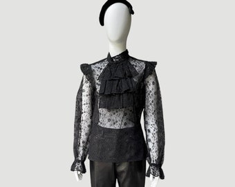 Vintage Victorian Style Sheer Black Floral Lace Jabot Blouse | Dramatic High Neck Ruffled Top w/ Poet Sleeves | Romantic Goth Aesthetic