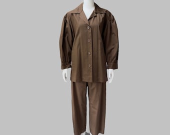 Saint Laurent Chocolate Brown Safari Pantsuit | Vintage YSL Rive Gauche Cotton Poplin Jacket & Trouser Set | Lightweight Summer Suit