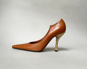 90s Gianni Versace Leather Pumps: Cognac Brown Heels with Crystals, Size 6