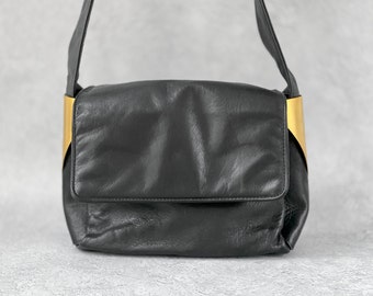 80’s Black Leather Crossbody Purse | Vintage Flap Shoulder Bag with Gold Tone Metal Hardware