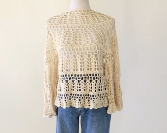VTG Hand Crocheted Pullover Cream Sweater with Bell Sleeves