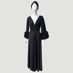 70’s Wide-Leg Flowy Palazzo Jumpsuit w/ Ostrich Feathers by Lilli Diamond | Old Hollywood Glam Jumpsuit w/ Plunging Neckline & Ruched Waist