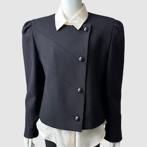 Size 10 Vintage Boxy Black Wool Blazer by Louis Feraud | Cropped Crossover Commander Jacket | Short Asymmetric Jacket
