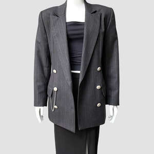 90&#39;s Oversized Blazer with Metallic Pinstripes and Silver Hardware | Charcoal Grey Wool Menswear Suit Jacket with Structured Shoulders