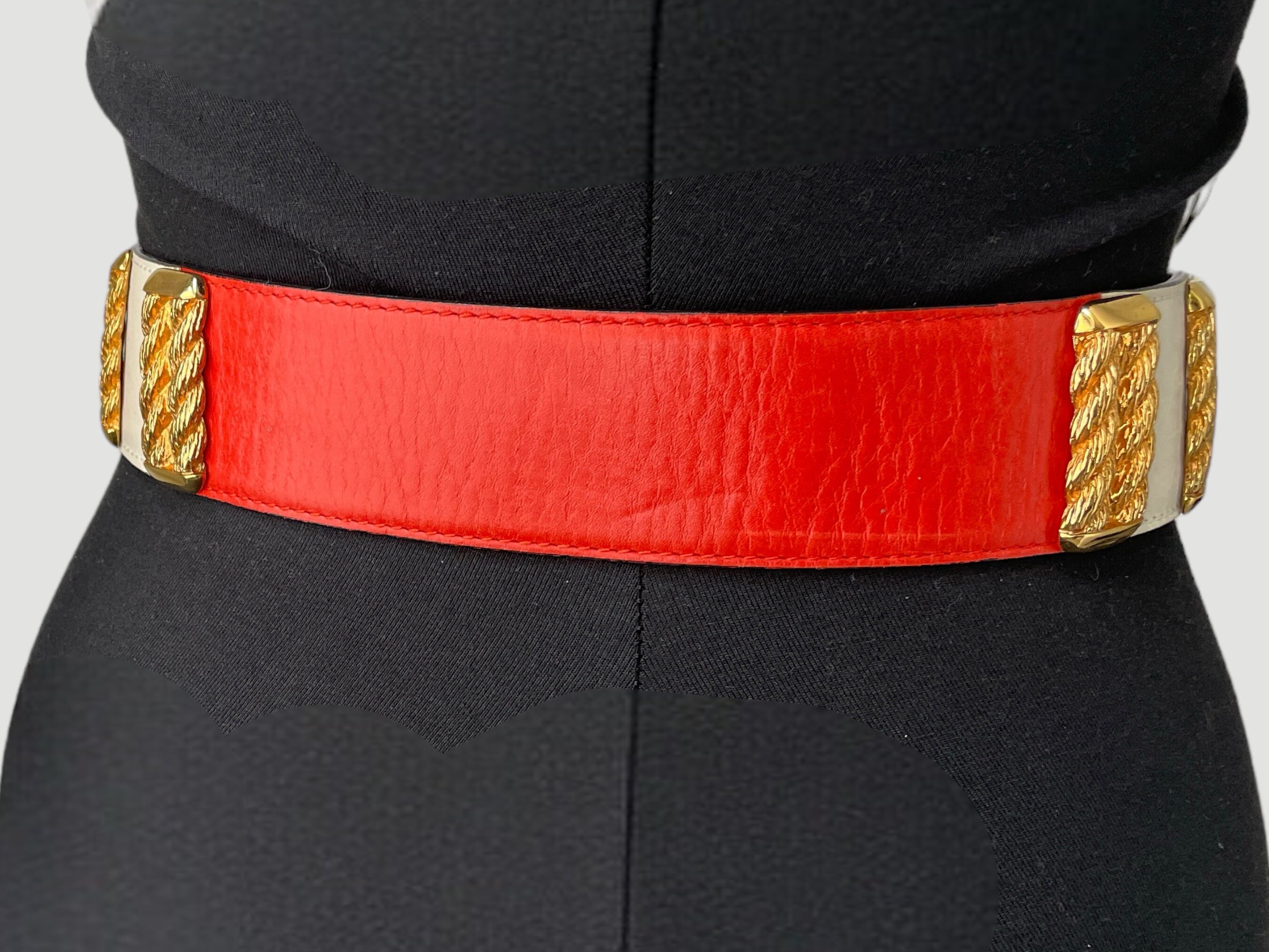 80s Escada Red Leather Belt: Chunky Gold Hardware, XS Waist 