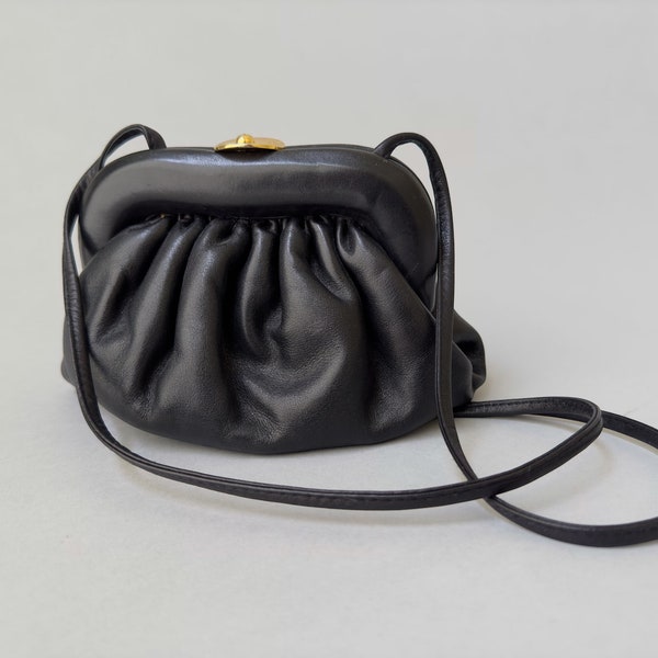 Small Vintage Black Leather Clamshell Crossbody Purse | 70’s Designer Mini Frame Clutch by Susan Gail