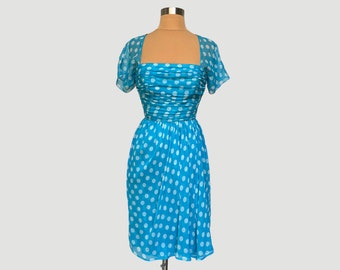 Vintage Silk Polka Dot Print Turquoise Chiffon Party Dress by Adele Simpson | Feminine Flirty Corseted Mini Dress w/ Flutter Sleeves