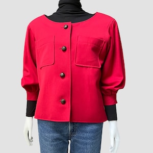 80’s Saint Laurent Rive Gauche Boxy Cropped Wool Jacket | Size 10 Waist Length Cherry Red Blazer with Bishop Sleeves & Padded Shoulders