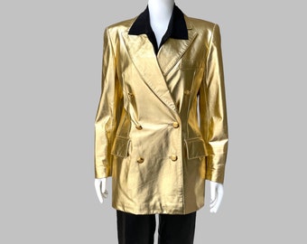 90’s Oversized Gold Metallic Leather Jacket by Escada | Vintage Double Breasted Long Leather Blazer w/ Wide Notched Lapels & Sharp Shoulders