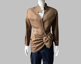 90’s Thierry Mugler Khaki Cotton Asymmetric Military Wrap Jacket | Vintage Mugler Neutral Olive Brown Cinched Blazer with Tie Closure