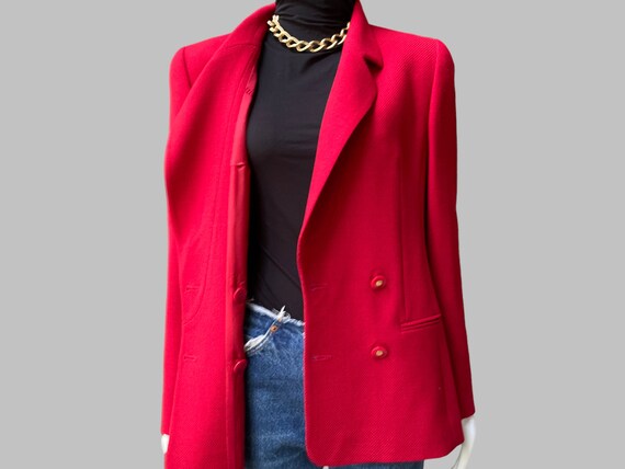 90’s Cherry Red Wool Blazer by Louis Feraud | Ove… - image 4