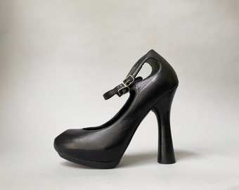 Y2K Georgina Goodman Platform Mary Janes: Black Leather Double Ankle Strap Heels, US 8.5