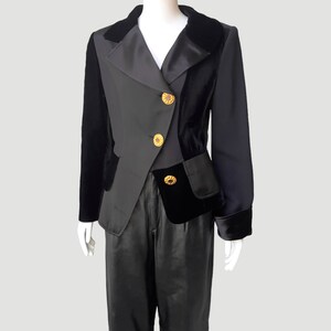 90’s Christian Lacroix Mixed Media Tuxedo Jacket | Black Satin & Velvet Avant-Garde Evening Blazer w/ Asymmetric Hem | NYE Holiday Outfit