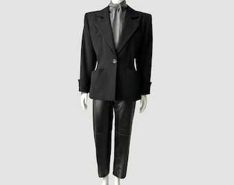 80’s Saint Laurent Rive Gauche Size 12 Women’s Black Wool Blazer | YSL Oversized Single Button Menswear Jacket with Angled Shoulders