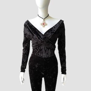 90’s Black Crushed Velvet Long-Sleeved Bodysuit | Off the Shoulder Draped Velour Bodysuit  | Sexy Winter Club / Going Out Top