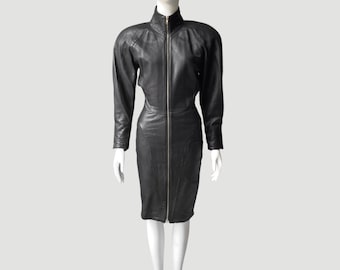 90’s Black Leather Blouson Knee Length Dress w/ Dolman Sleeves & Padded Shoulders | Michael Hoban Sexy Zip Up Biker Midi Dress