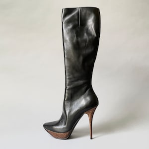 Y2K Gianmarco Lorenzi Black Leather and Lacquered Wood Grain Platform Heels | 00’s Vintage Knee-High Luxury Italian Designer Boots Size 6.5