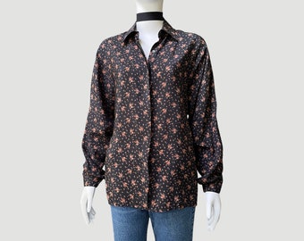 Franck Olivier Paris Ditsy Dark Floral Patterned Button Down Blouse | 70s Spread Collar Silk Relaxed Fit Shirt | Niche French Fashion