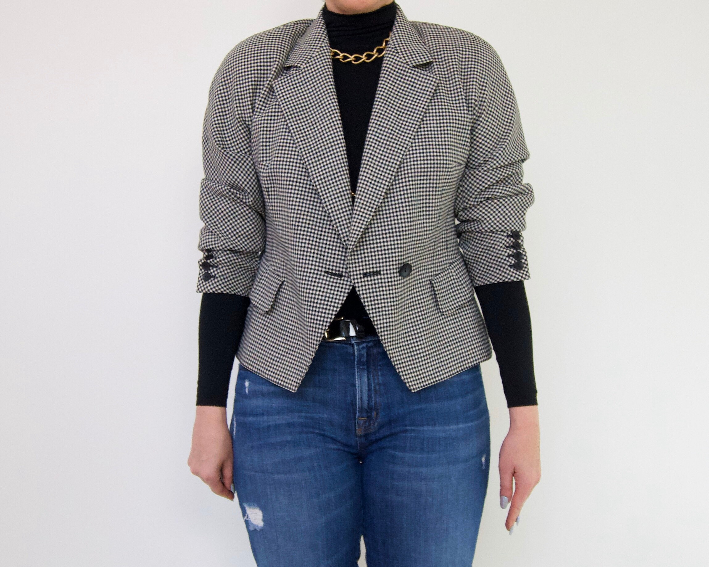 Escada Cropped Houndstooth Light Wool Blazer | Vintage Designer Cropped Single Button Jacket | Size Medium - Large