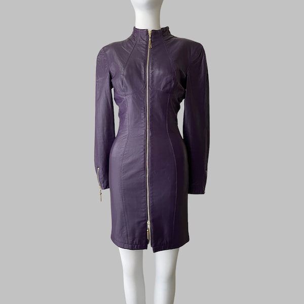 90’s Bodycon Purple Leather Mini Dress by Michael Hoban for North Beach Leather | Vintage Leather Long Sleeve Dress w/ Bustier Bodice